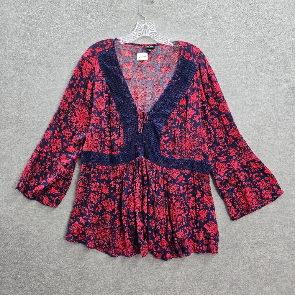 TORRID Women Top 1 Red Blouse Floral Crinkle Gauze Lace Up Babydoll Bell Sleeve